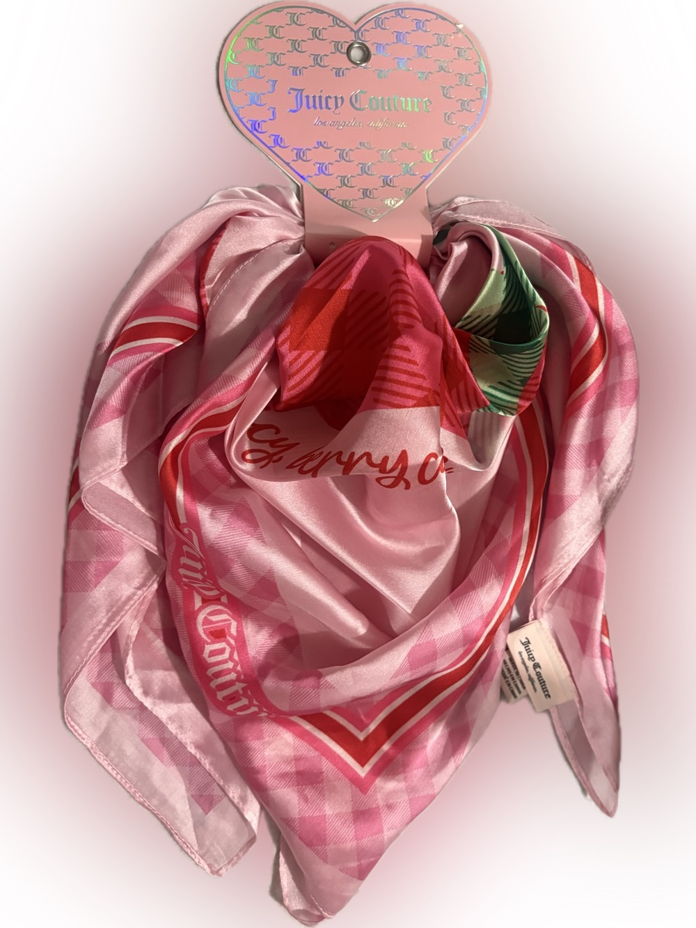 🍒 Juicy Couture Pink Silk-like Strawberry Graphic Scarf and logo